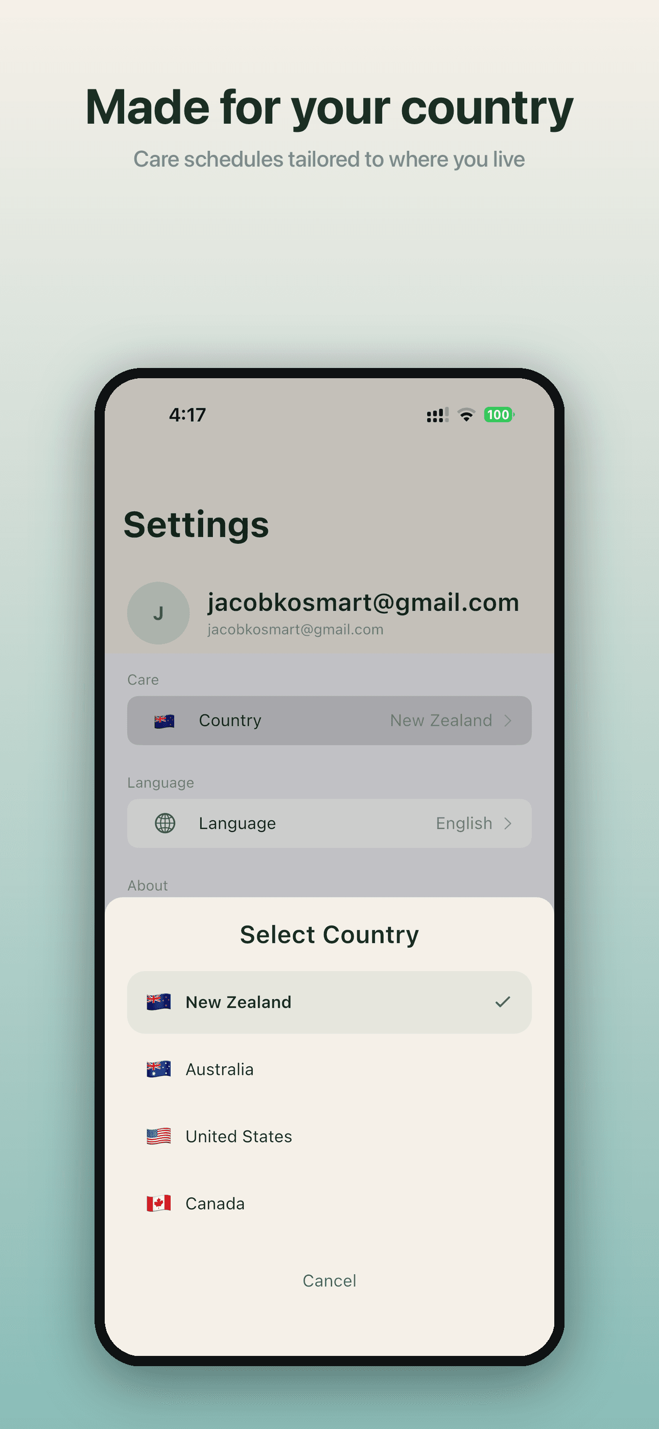 Country selection for care schedule